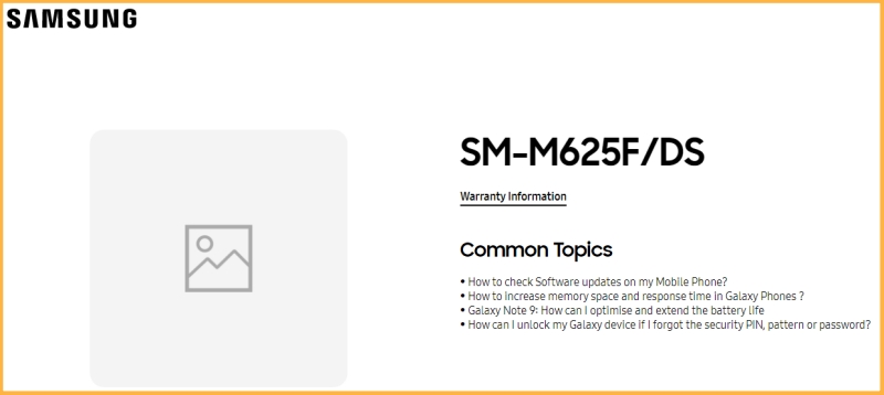 SM-M625F xuất hiện trên trang hỗ trợ của Samsung Ấn Độ được cho là số model của Galaxy M62
