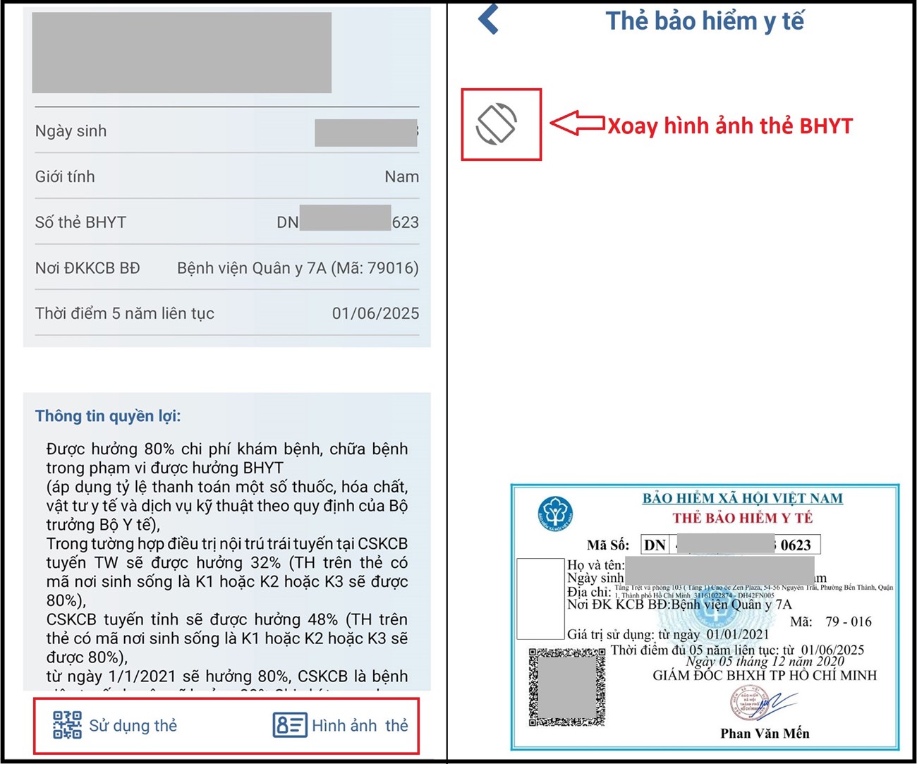 Bước 3: Sau khi hiển thị các thông tin của thẻ BHYT, bạn có thể bấm chức năng Sử dụng thẻ