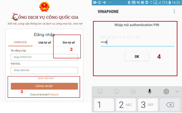 Hướng dẫn bước 2 và 3 đăng nhập bằng sim ký số