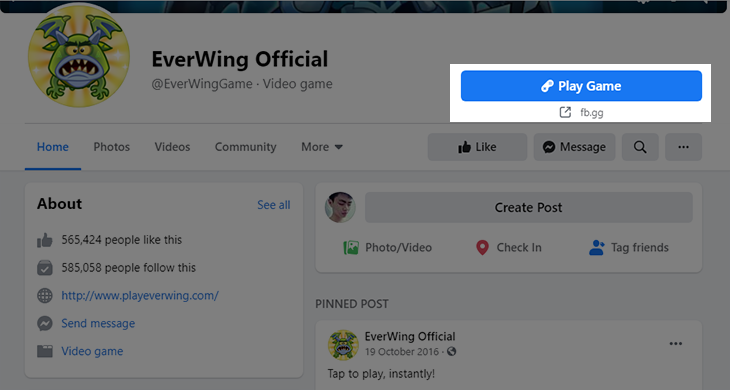 Hướng dẫn đăng nhập trò chơi EverWing trên Messenger trong vài nốt nhạc > Truy cập fanpage EverWing và nhấn Play Game