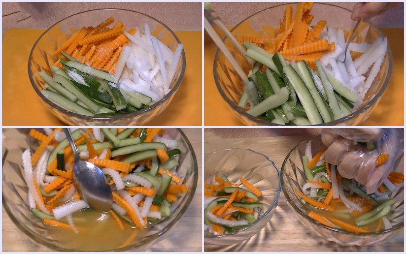 Trộn muối với cà rốt, dưa leo, củ cải trắng