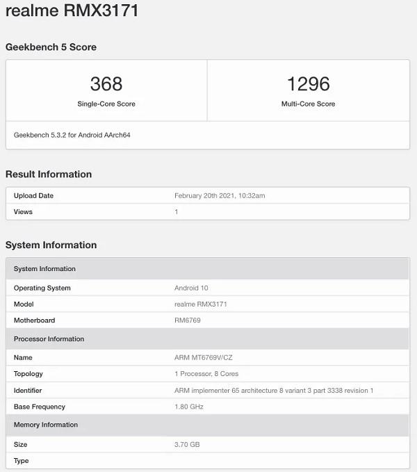 Hé lộ điểm hiệu năng, cấu hình của Realme Narzo 30A trên Geekbench Hé lộ điểm hiệu năng, cấu hình của Realme Narzo 30A trên Geekbench