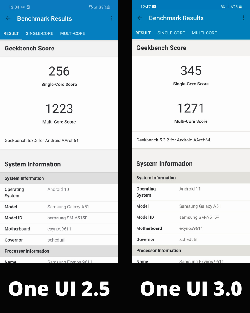 Điểm hiệu năng Geek Bench 5 của Galaxy A51 trước và sau khi cập nhật.