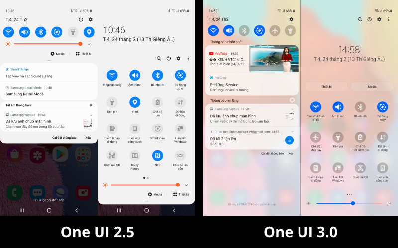 Sự thay đổi của thanh thông báo trước và sau khi Galaxy A51 cập nhật One UI 3.0.