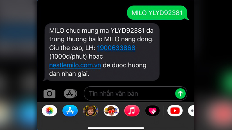 Thông báo tin nhắn trúng thưởng Milo