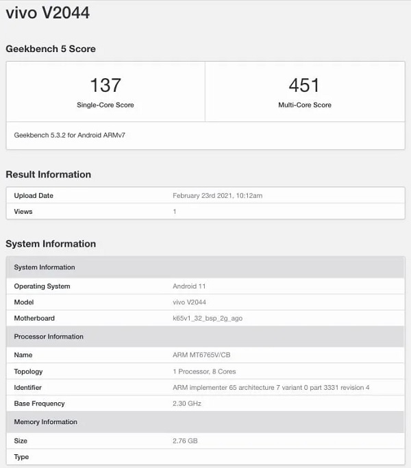 Vivo V2044 Geekbench