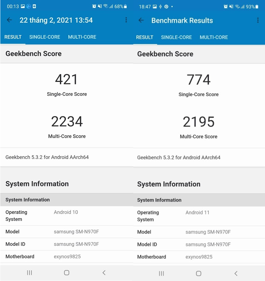 Kết quả test trên phần mềm Geekbench5 của Samsung Galaxy Note 10 ở hệ điều hành OneUI 2.1 (ảnh trái) và hệ điều hành OneUI 3.0 (ảnh phải) Kết quả test trên phần mềm Geekbench5 của Samsung Galaxy Note 10 ở hệ điều hành OneUI 2.1 (ảnh trái) và hệ điều hành OneUI 3.0 (ảnh phải)
