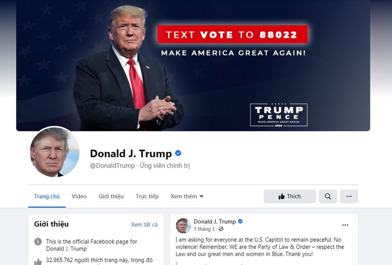 Tài khoản Facebook của ông Trump bị khóa từ ngày 7.1 Tài khoản Facebook của ông Trump bị khóa từ ngày 7.1