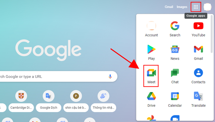 Google Meet: Cách cài đặt, sử dụng trên điện thoại, máy tính đơn giản, chi tiết > Đăng nhập Gmail trên máy tính, nhấn vào biểu tượng dấu chấm ở góc trên bên phải > Chọn Meet