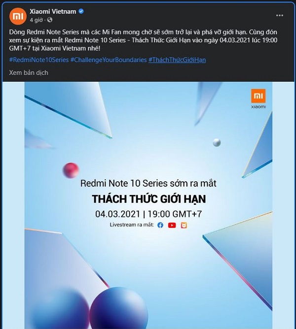 Xiaomi Việt Nam mời Mi Fan theo dõi sự kiện ra mắt Redmi Note 10 Series