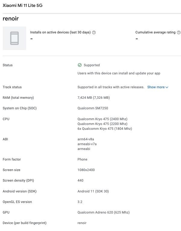 Xiaomi Mi 11 Lite 5G lộ thông tin cấu hình trên Google Play Console: Dùng chip Snapdragon 765G, chạy Android 11
