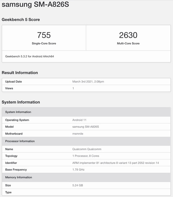 Galaxy A82 5G geekbench