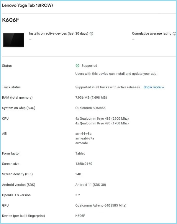Tablet Lenovo Yoga Tab 13 với chip Snapdragon 855, RAM 8GB được phát hiện trên Google Play Console và Geekbench