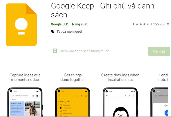 Ứng dụng Google Keep trên cửa hàng Play