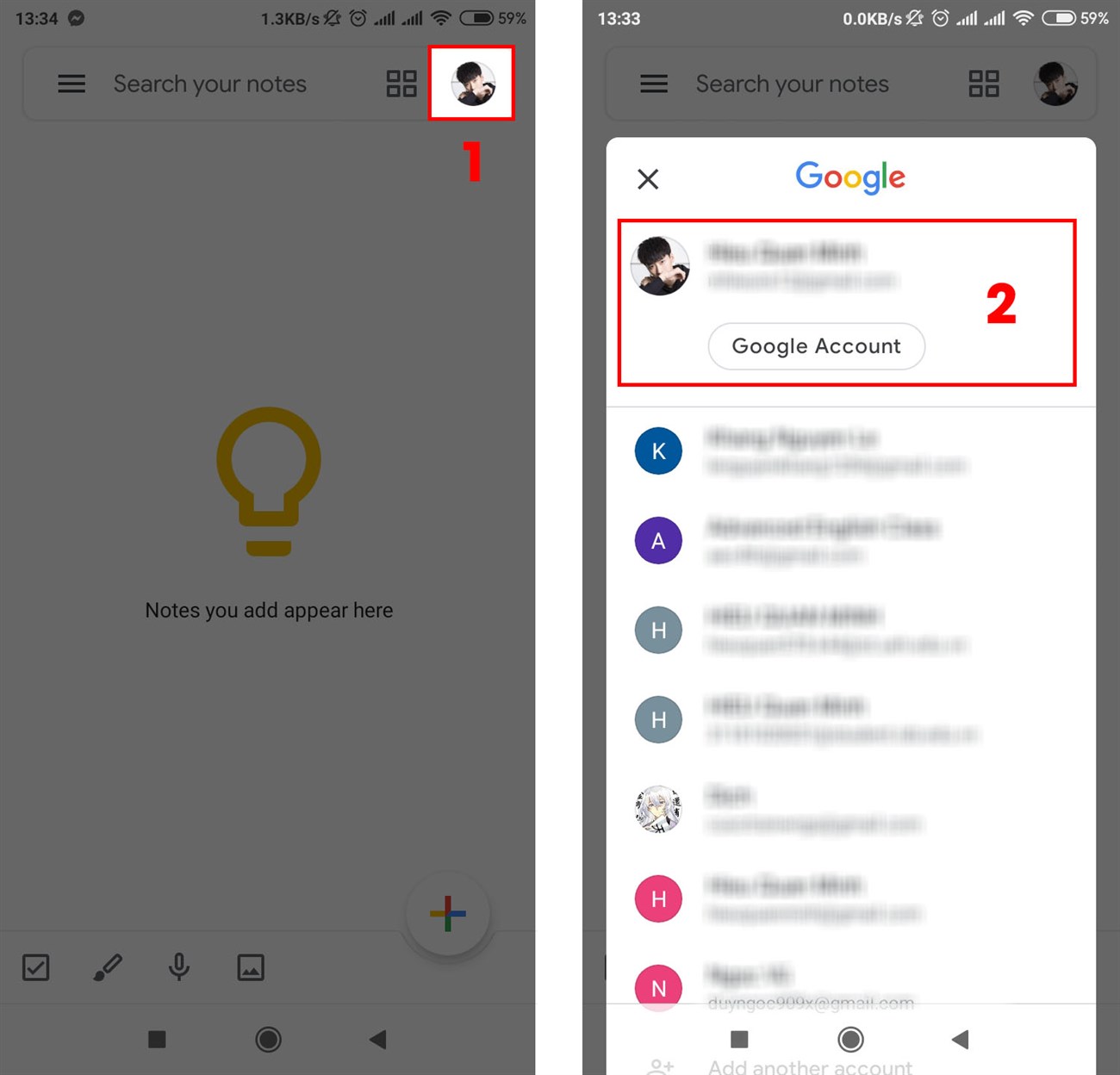 Đăng nhập vào tài khoản Google trên ứng dụng Google Keep