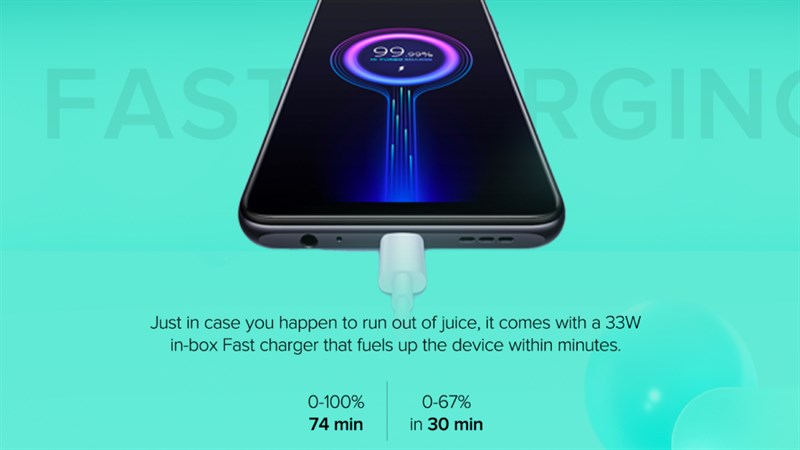 Xiaomi Redmi Note 10 is equipped with 33 W fast charging At the moment, fast charging is considered an inevitable and must-have, so our Xiaomi Redmi Note 10 has been equipped with 33W fast charging to shorten the charging time. Thereby helping us to always use the device regularly and it only takes about 30 minutes to reach 67% and 74 minutes to fully 100% battery (according to the company announced).