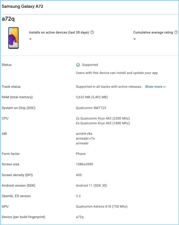 Samsung Galaxy A72 4G được xác nhận sẽ sử dụng vi xử lý Snapdragon 720G, RAM 6GB, chạy Android 11