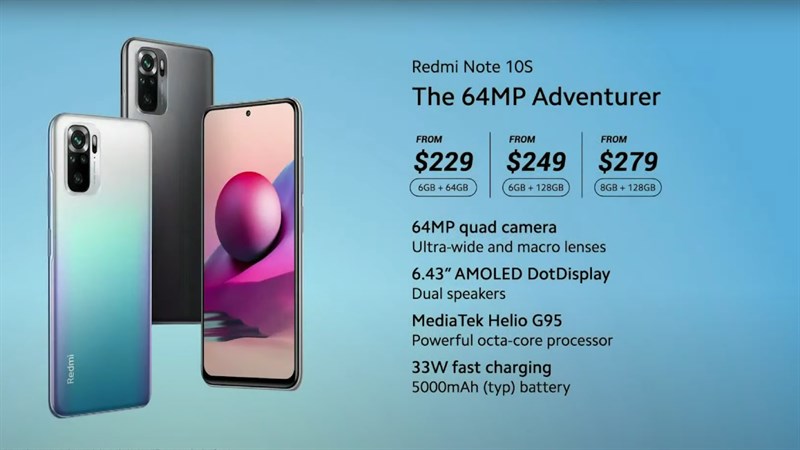 Price of Xiaomi Redmi Note 10s 8 GB RAM, 128 GB internal memory is priced at 279 USD (equivalent to 6.4 million VND).