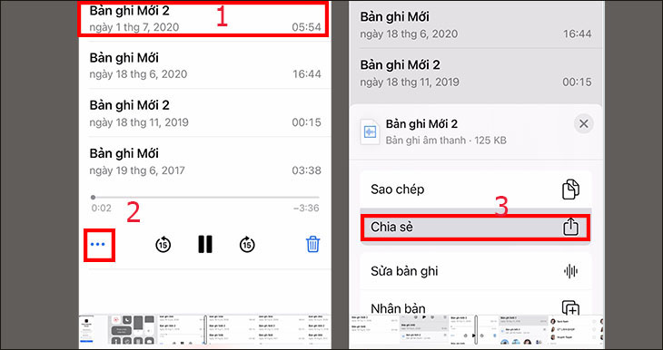 Cách gửi file ghi âm qua Messenger trên điện thoại Android và iPhone > Nhấn vào nút 3 chấm và chọn chia sẻ