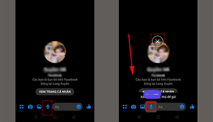 Cách gửi file ghi âm qua Messenger trên điện thoại Android và iPhone > Nhấn giữ nút clip âm thanh để có thể ghi âm