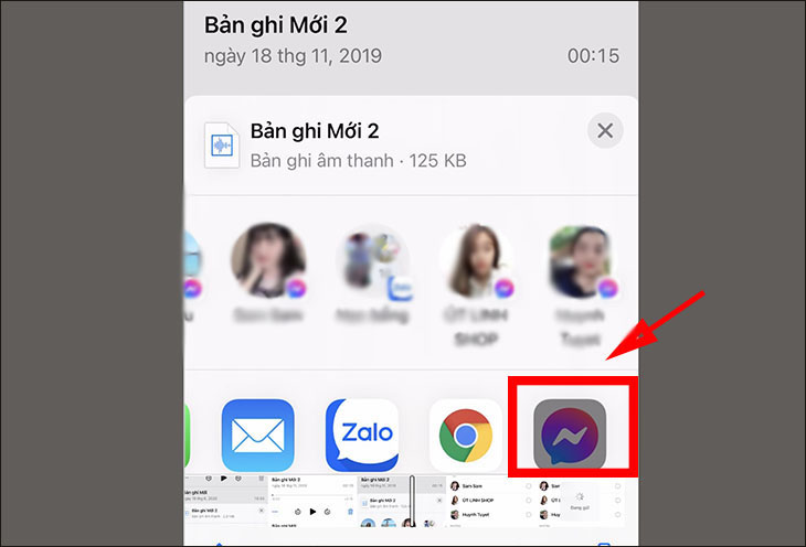 Cách gửi file ghi âm qua Messenger trên điện thoại Android và iPhone > Chọn ứng dụng Messenger để gửi