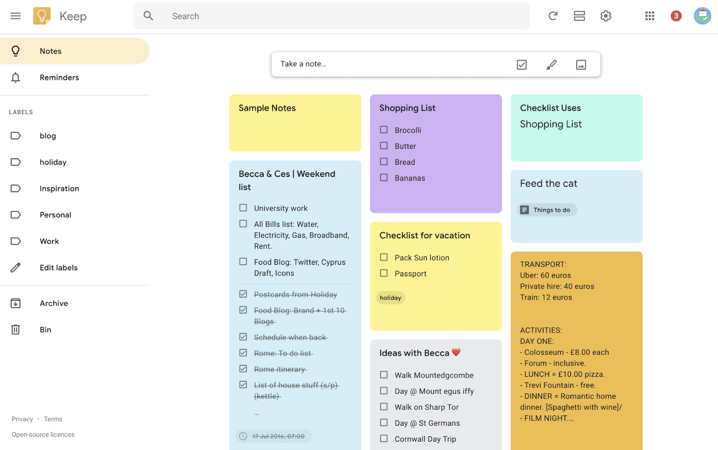 Google Keep hỗ trợ phân loại ghi chú theo màu sắc