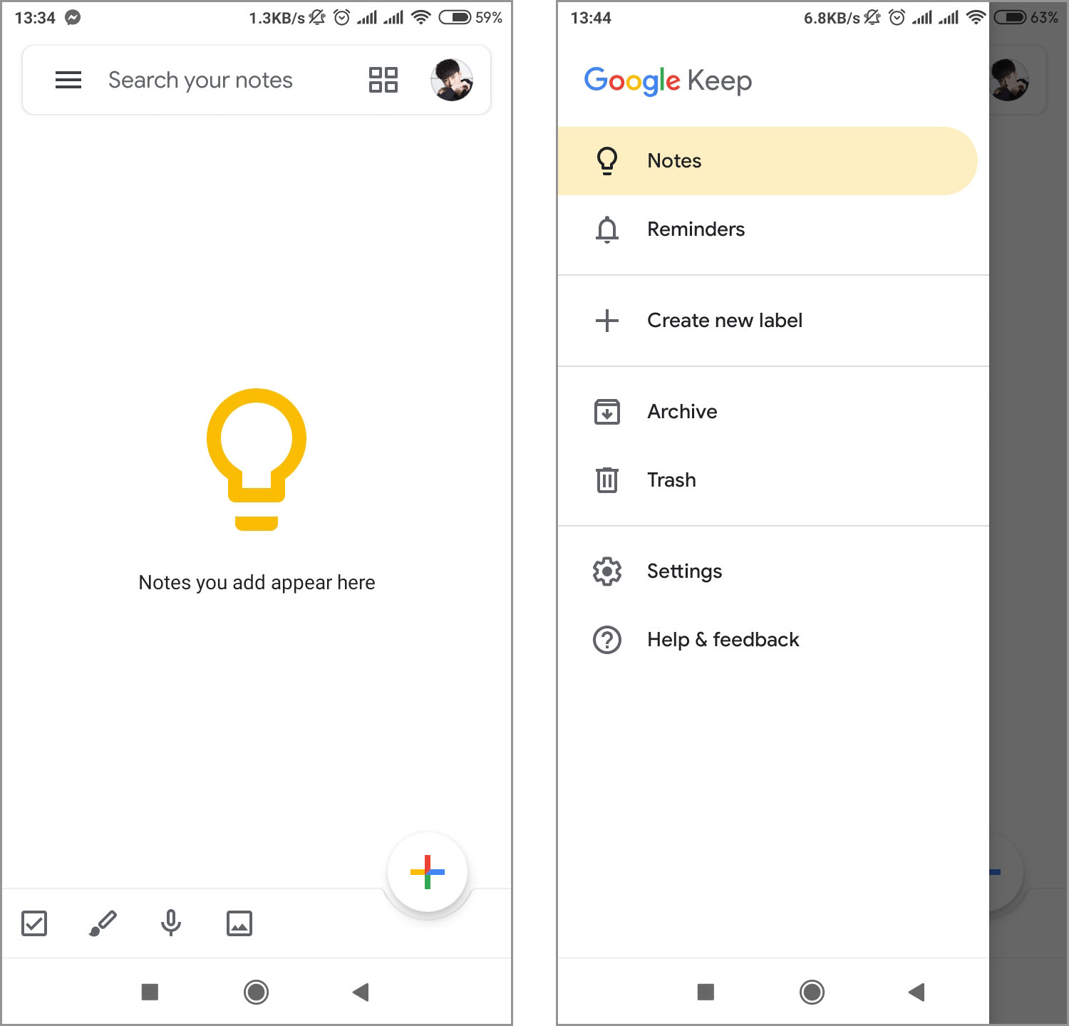 Giao diện Google Keep phiên bản điện thoại