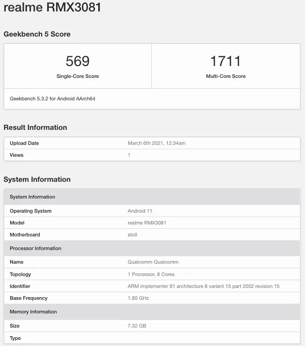 Smartphone Realme bí ẩn với chip Snapdragon 720G, RAM 8GB lộ diện trên Geekbench Smartphone Realme bí ẩn với chip Snapdragon 720G, RAM 8GB lộ diện trên Geekbench