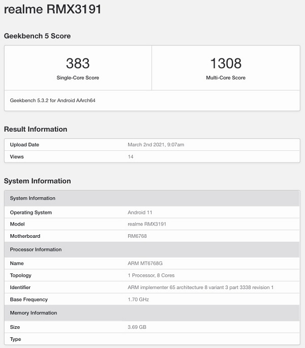 Realme C25 geekbench