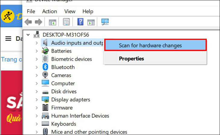 5 cách khắc phục lỗi không nhận tai nghe trên Windows 10 nhanh chóng > Chọn scan for hardware changes