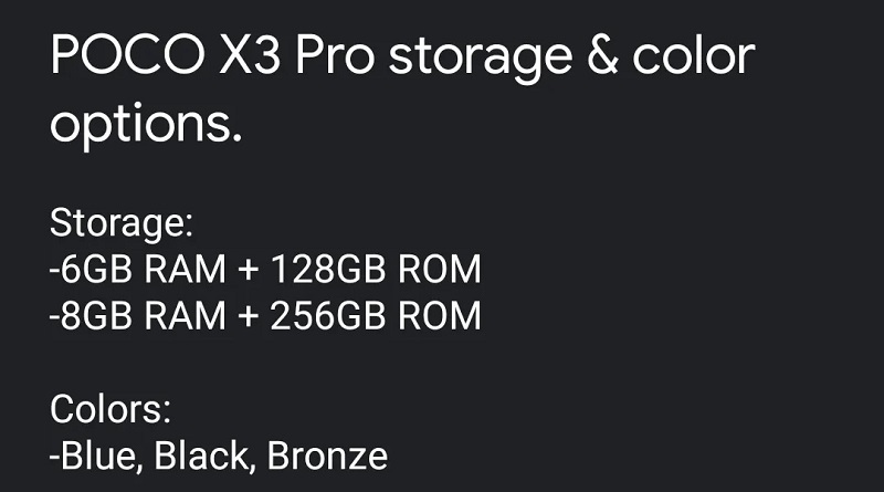 Các phiên bản bộ nhớ, màu sắc của POCO X3 Pro