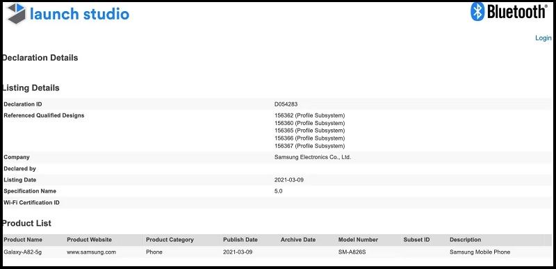 Galaxy A82 5G có số model SM-A826S và hỗ trợ Bluetooth 5.0 Galaxy A82 5G có số model SM-A826S và hỗ trợ Bluetooth 5.0