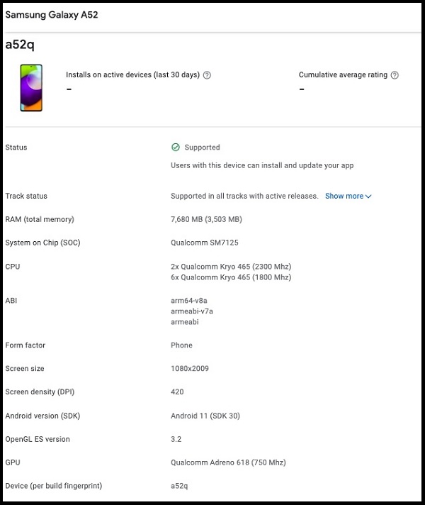 Galaxy A52 4G lộ diện trên Google Play Console