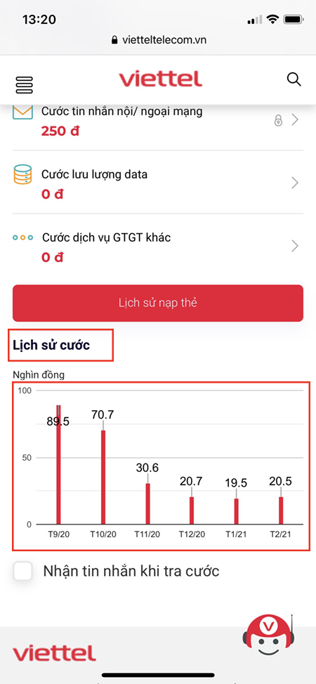 Xem lịch sử cước phí Viettel trên website