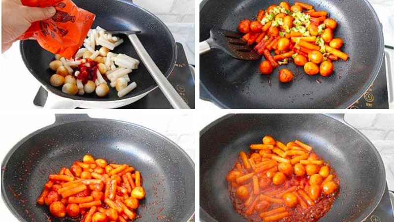 Nấu tokbokki xúc xích trứng cút