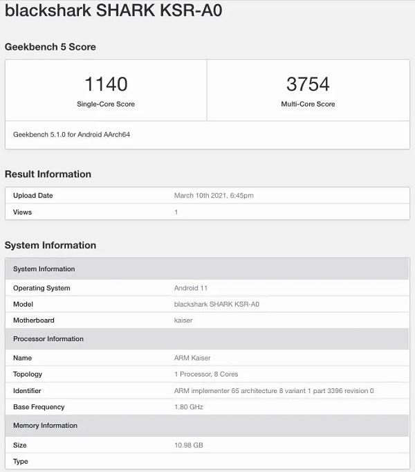 Black Shark 4 đi kèm chip Snapdragon 888, RAM 12GB, chạy Android 11 lộ điểm hiệu năng ấn tượng trên Geekbench