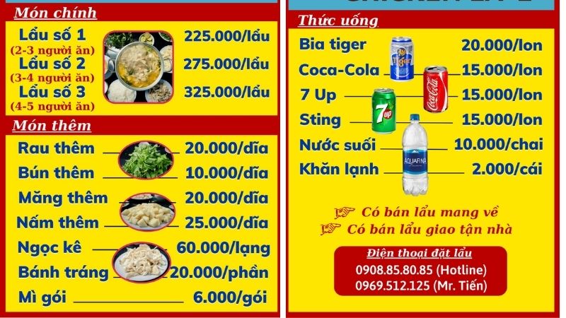 Menu của quán lẩu gà lá é