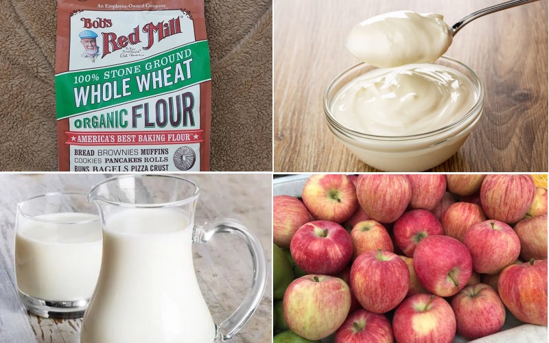 Ingredients for making whole grain oatmeal apple muffins
