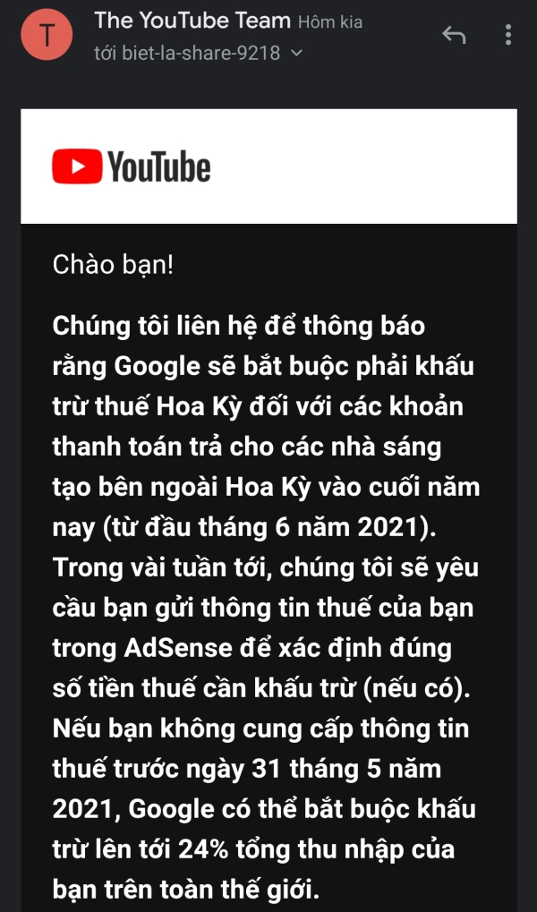 YouTube Team gửi email thông báo về trường hợp Google khấu trừ thuế Hoa Kỳ YouTube Team gửi email thông báo về trường hợp Google khấu trừ thuế Hoa Kỳ