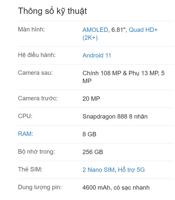 Thông số Mi 11