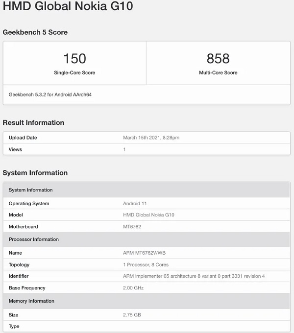 Nokia G10 Geekbench