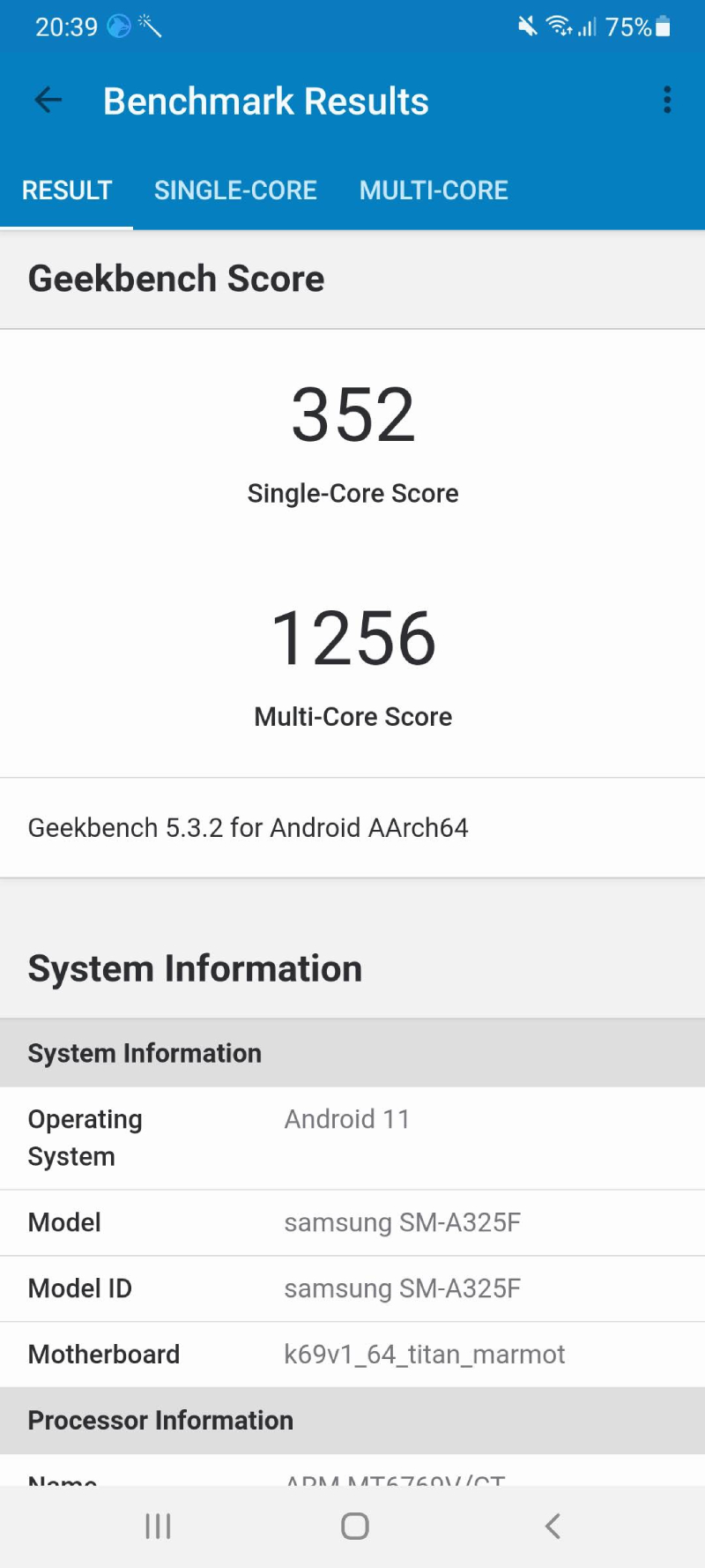 Điểm số đo bằng Geekbench 5 của Samsung Galaxy A32.