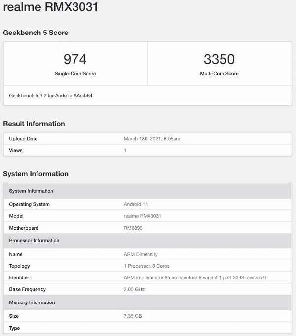 Realme GT Neo lộ diện Geekbench