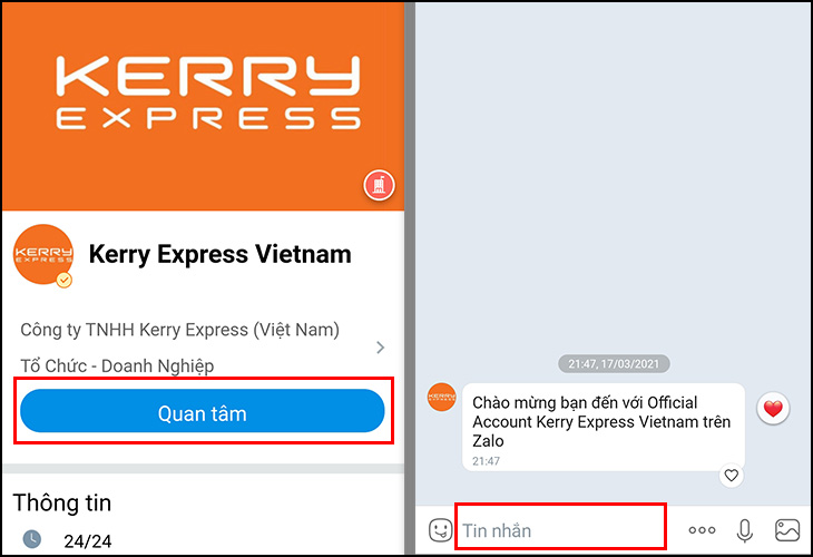 Liên hệ đến Zalo của Kerry Expess