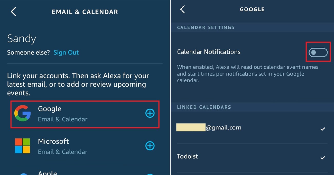 Cách liên kết và quản lí ứng dụng lịch trên điện thoại, laptop với Alexa > Bật thông báo lịch Alexa