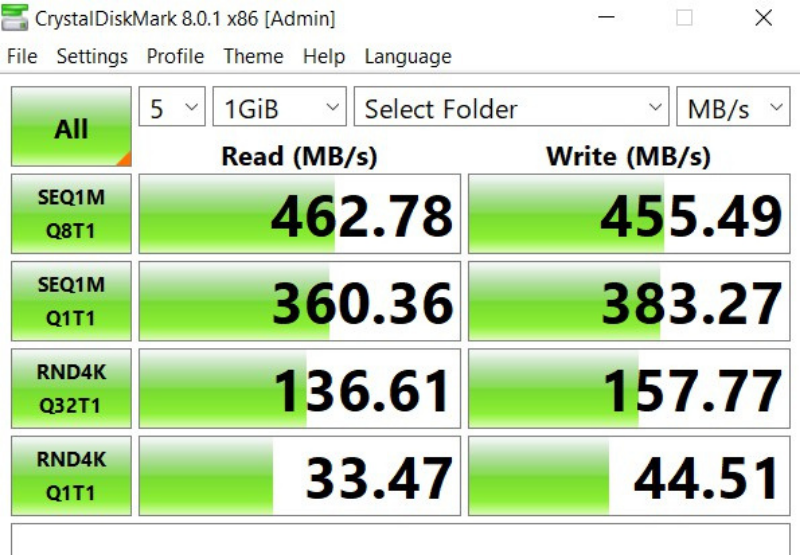 Tốc độ đọc ghi của ổ cứng SSD 500 GB WD My Passport được chấm bằng Crystal DiskMark.