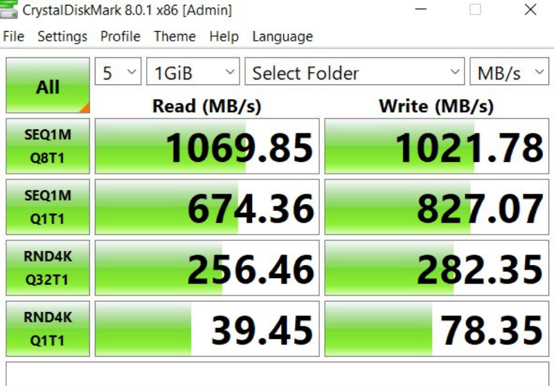 Tốc độ đọc ghi của ổ cứng SSD 500 GB WD My Passport được chấm bằng Crystal DiskMark (không dùng đầu chuyển).