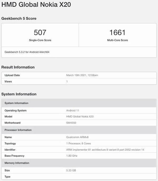 Nokia X20 lộ cấu hình sức mạnh trên Geekbench: Dùng chip Snapdragon 480 5G, RAM 6GB và chạy Android 11 Nokia X20 lộ cấu hình sức mạnh trên Geekbench: Dùng chip Snapdragon 480 5G, RAM 6GB và chạy Android 11