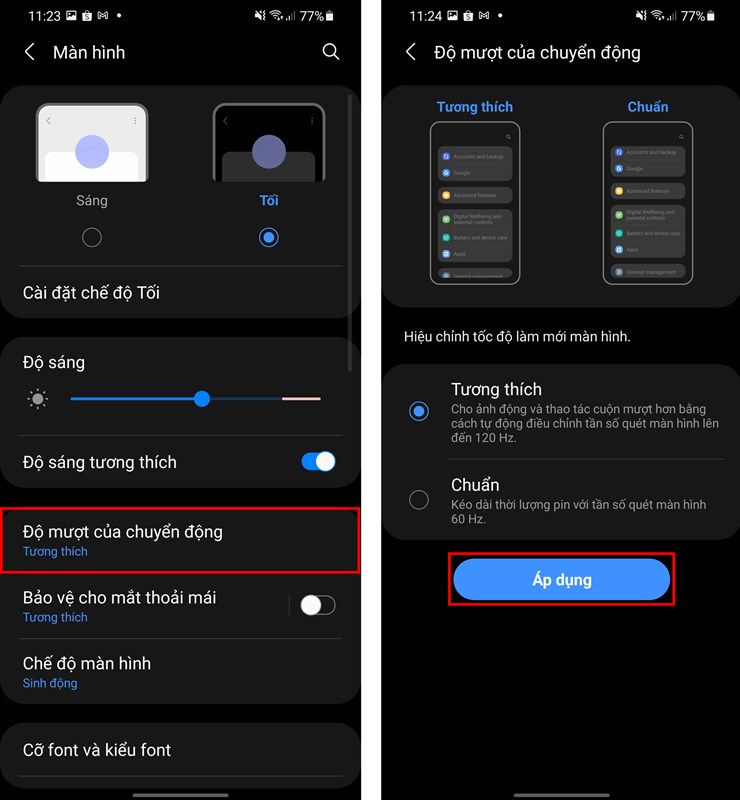 chọn Màn hình rồi Chọn Độ mượt của chuyển động