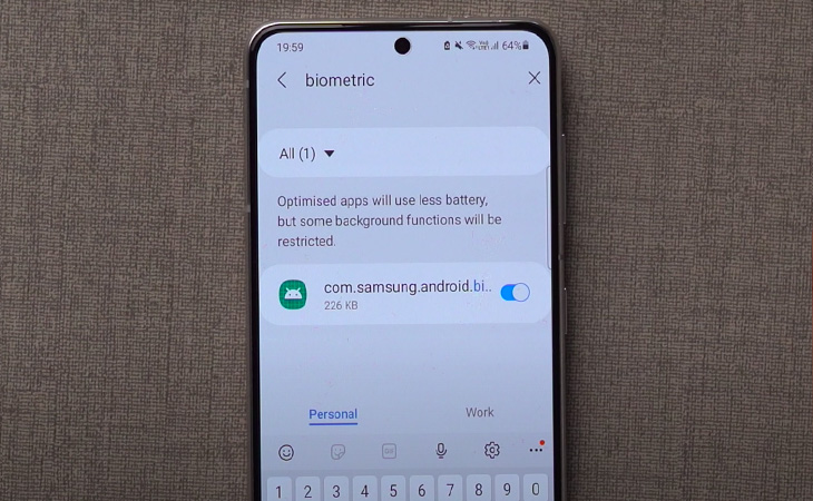 Bước 2: Chọn All và Gõ vào ô tìm kiếm: com.samsung.android.biometric và tắt